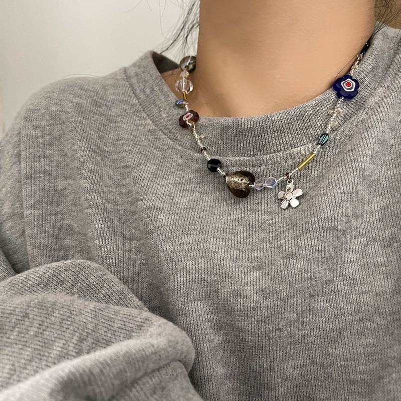 vintage少女多元素水晶彩色琉璃项链小众设计串珠花朵锁骨毛衣链