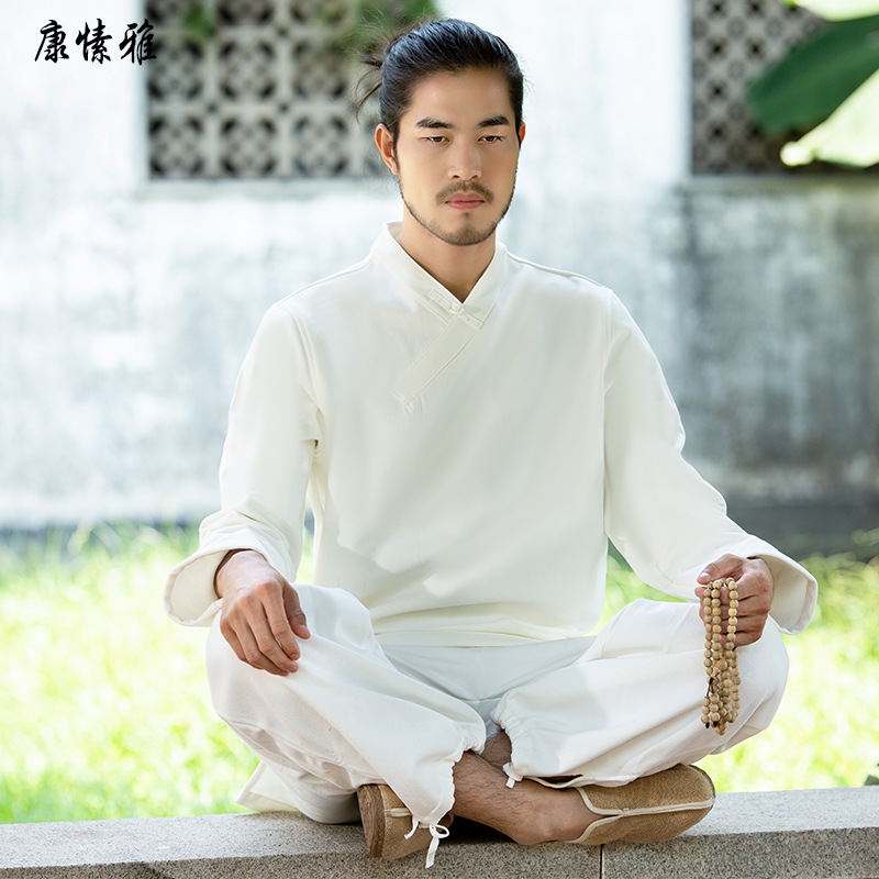 KSUA/康愫雅棉麻瑜伽服男性宽松大码禅修居士白色瑜伽套装809加绒