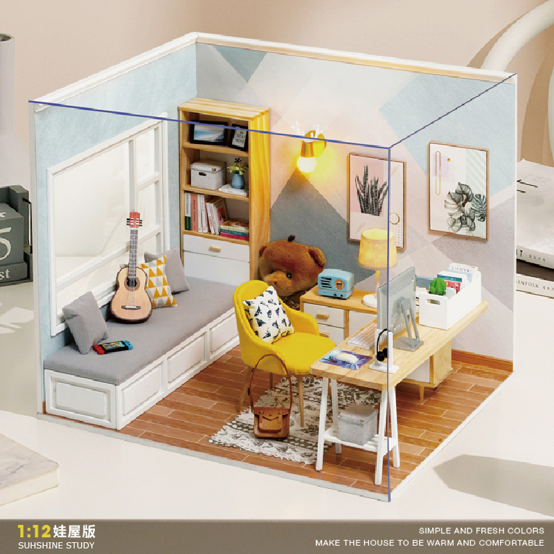 diy小屋 手工创意1:12娃娃屋OB11模型屋阳光书房玩具场景拼装礼物