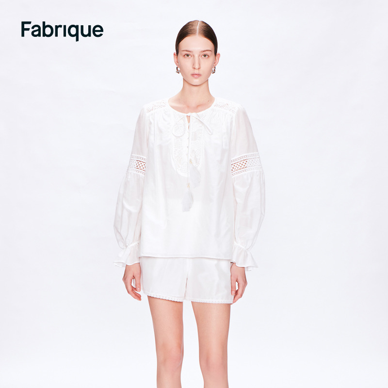 Fabrique 镂空绣衬衫短裤套装女2024春夏新款法式度假风蕾丝上衣