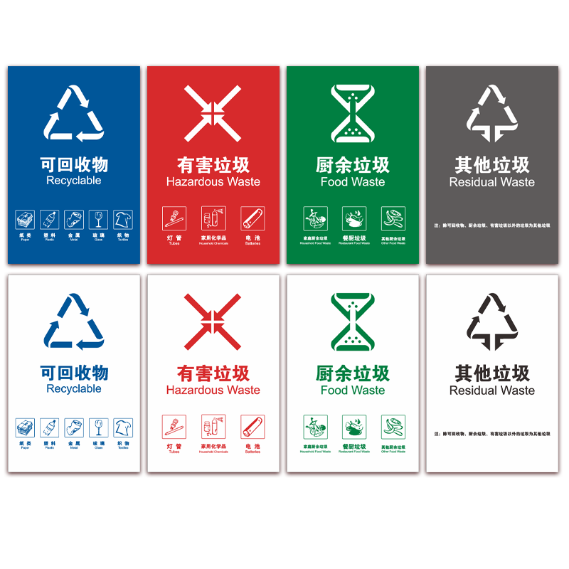 垃圾分类标识贴纸 干湿可回收不可回收有害厨余垃圾桶标语标识牌