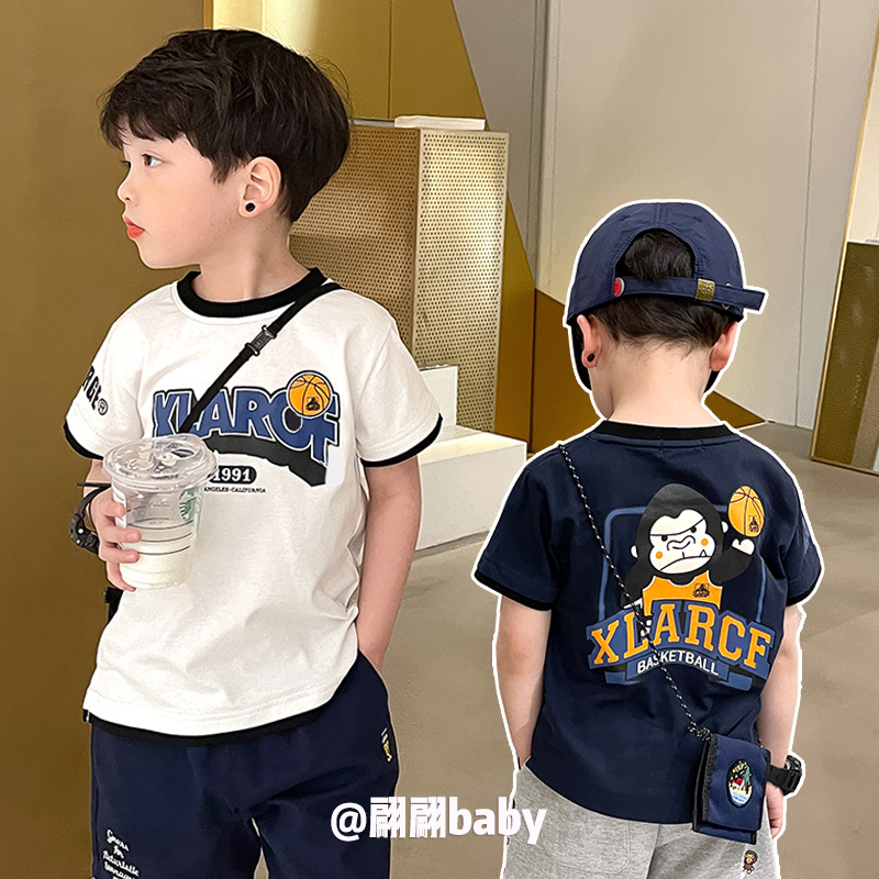 23夏季新款日系潮男儿中童装卡通大猩猩篮球假两件纯棉短袖T恤