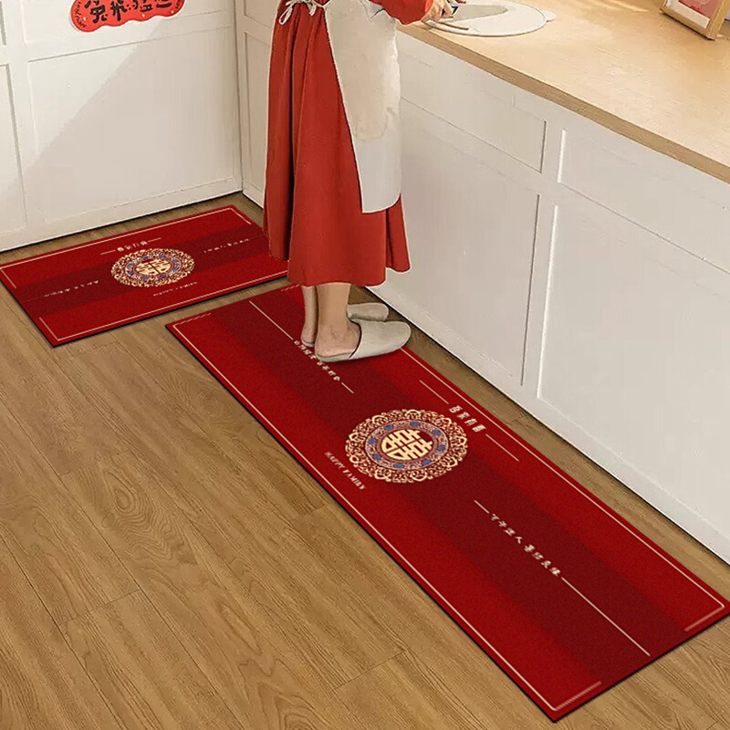 新中式喜庆结婚厨房地垫脚垫防滑吸水防油硅藻泥红色喜字l型地毯