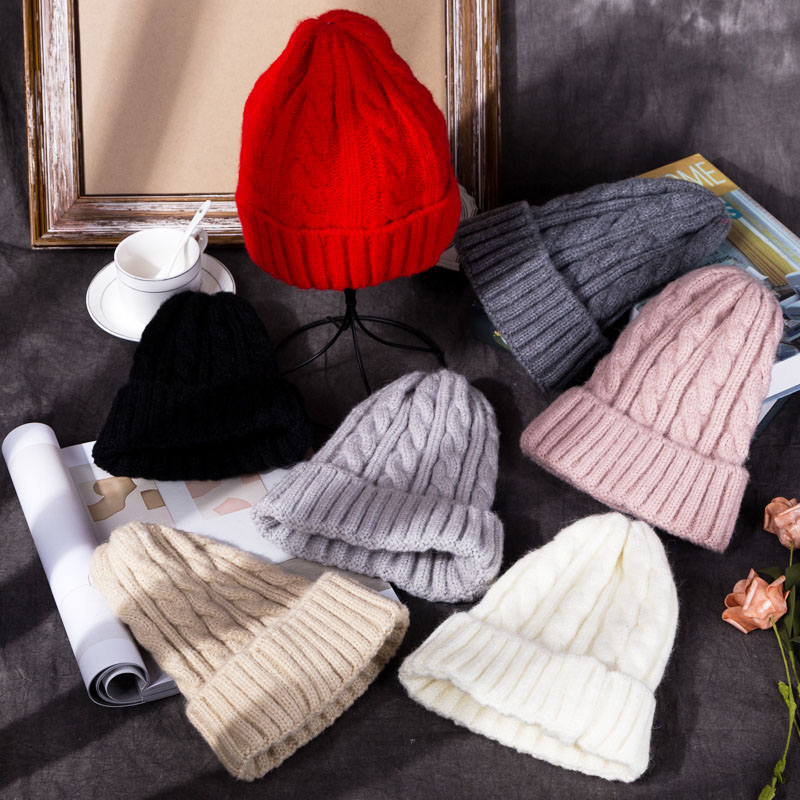 秋冬新款纯色简约韩版女生可爱羊毛超弹麻花保暖针织毛线加厚帽子