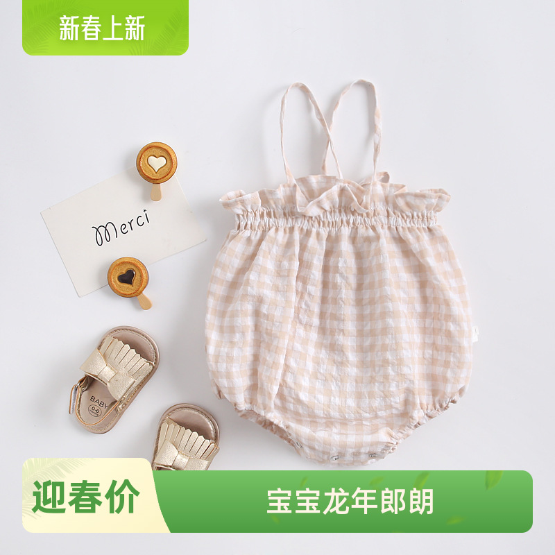 韩版实拍无模特A类0-1岁吊带哈衣包屁衣3-6个月女宝宝连体衣爬服