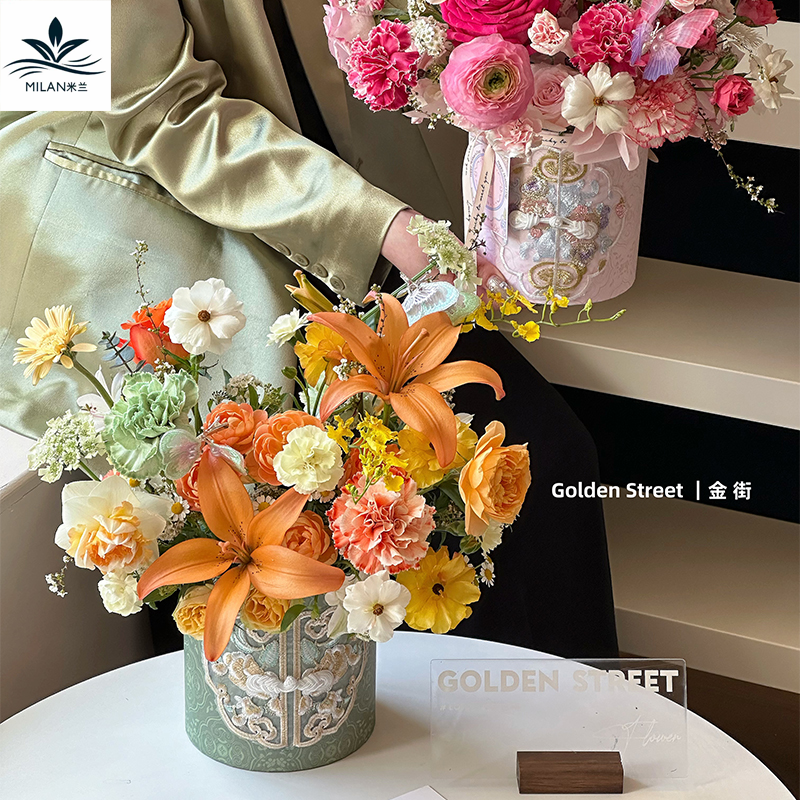 母亲节新中式刺绣花卉云肩桶圆形花束抱抱桶鲜花包装盒礼物插花桶