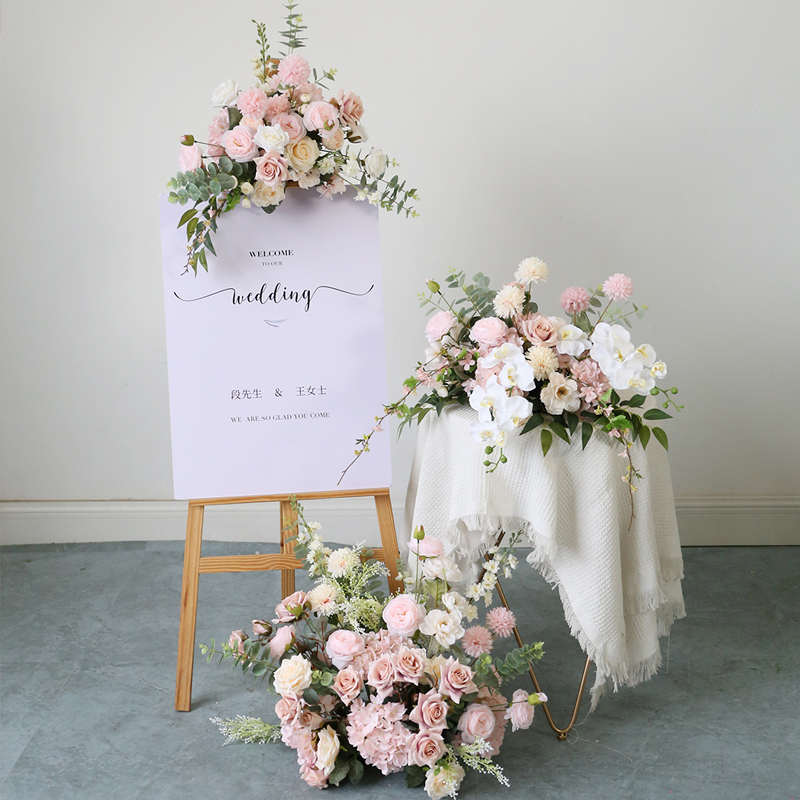 暖粉色花艺场景布置婚庆典礼活动地排花壁挂花排迎宾仿真绢花成品
