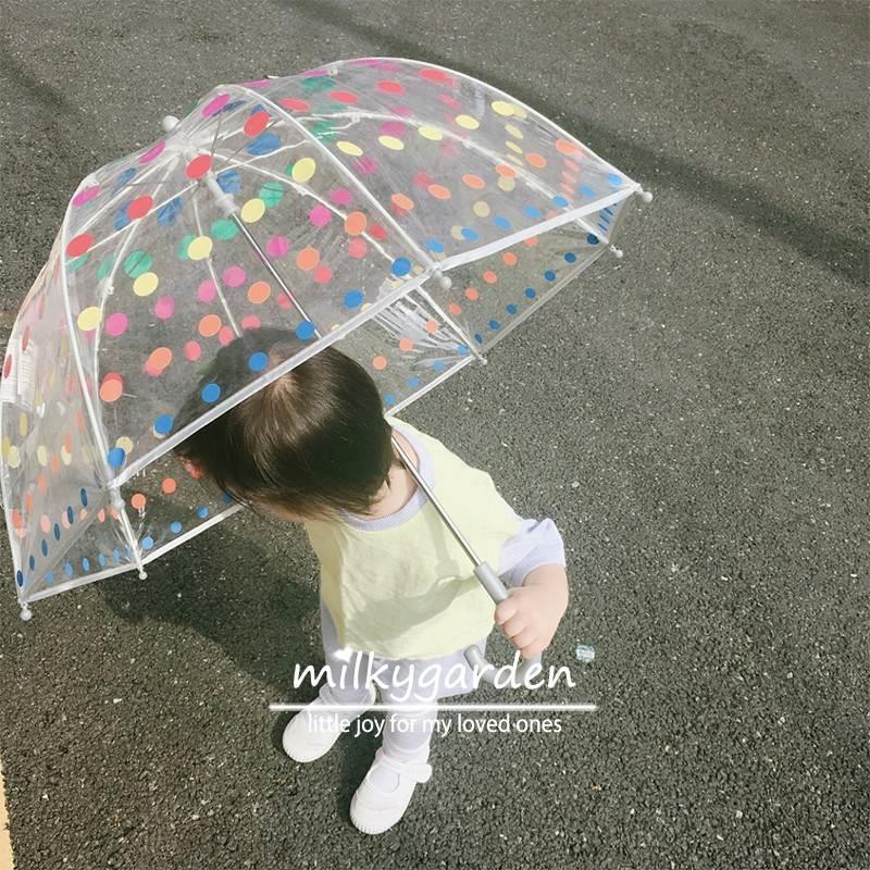 milky garden ins日系宝宝波点小巧儿童挡风透明长柄便携街拍雨伞