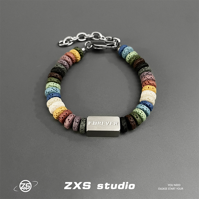 ZXS原创彩色火山石手链男潮嘻哈小众设计街头钛钢高级感手饰品女