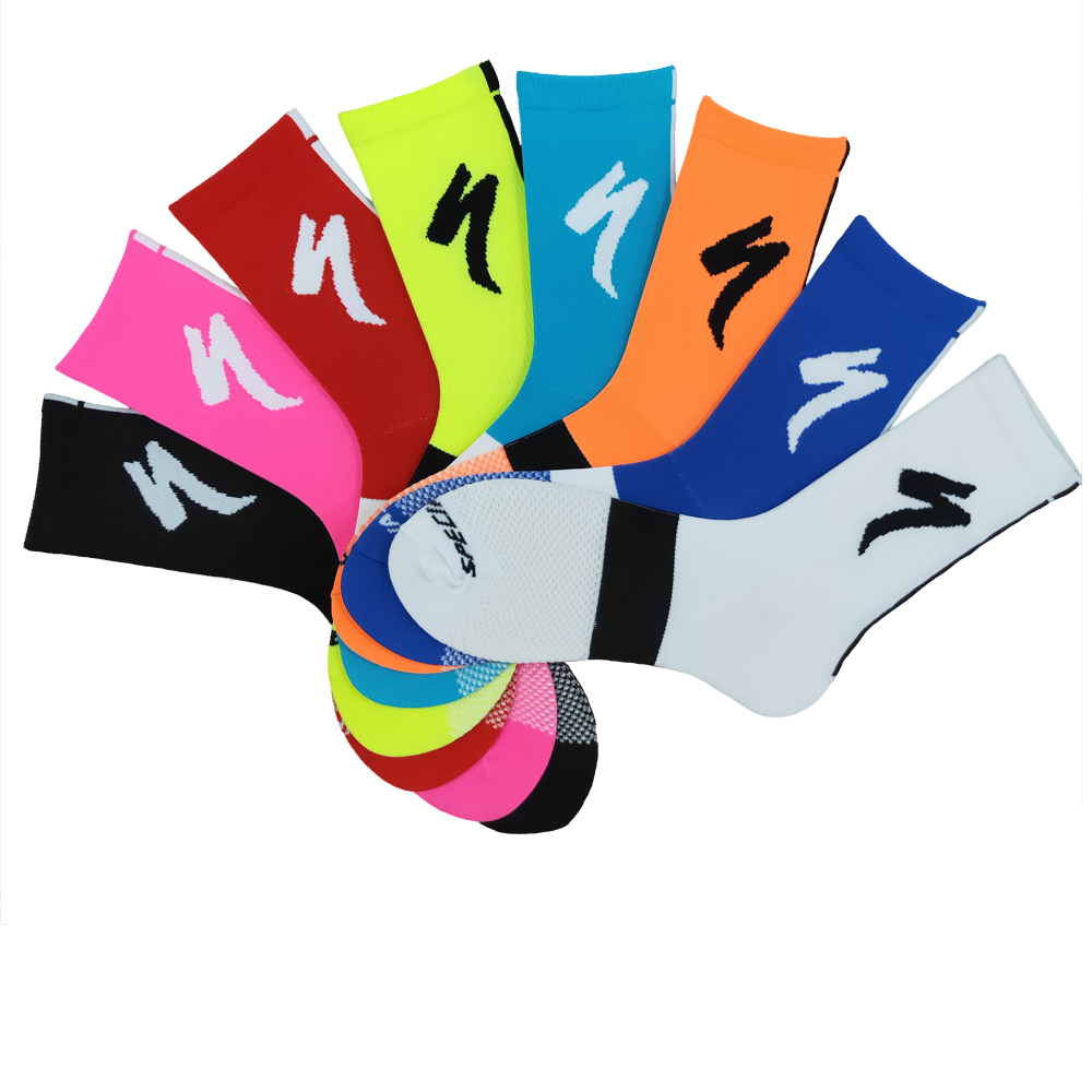 8色闪电骑行袜强力压缩跑步袜长筒透气机能男女运动山地车比赛袜