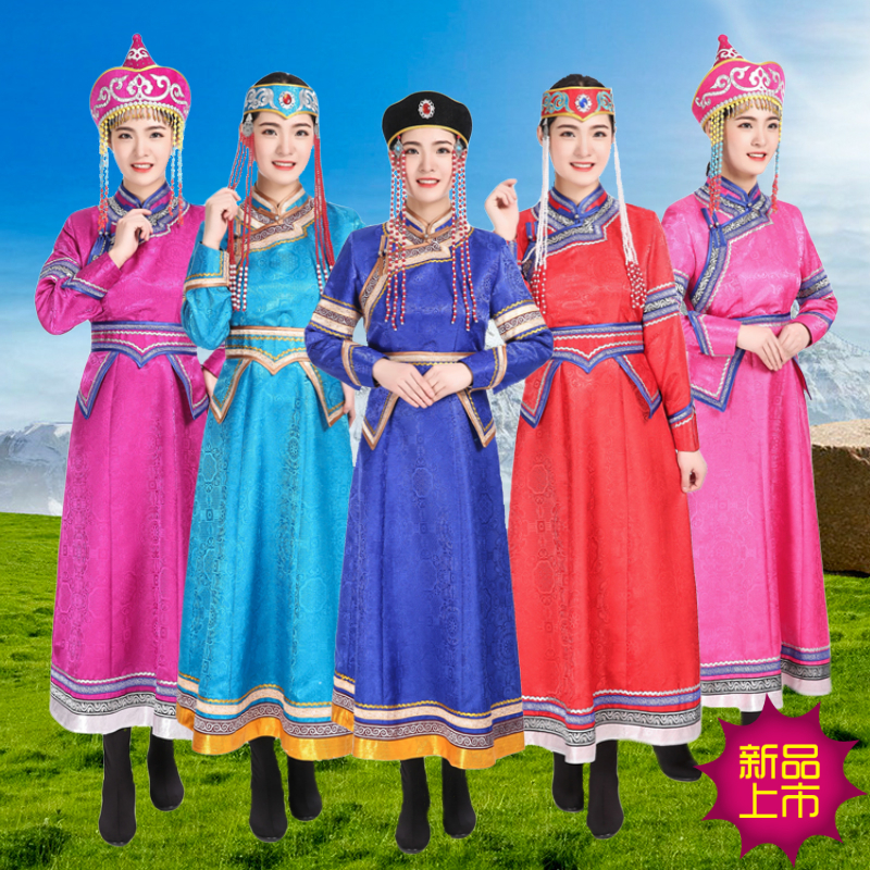 蒙古袍女传统长款民族舞演出服蒙古婚礼新娘迎宾红礼服日常舞台装