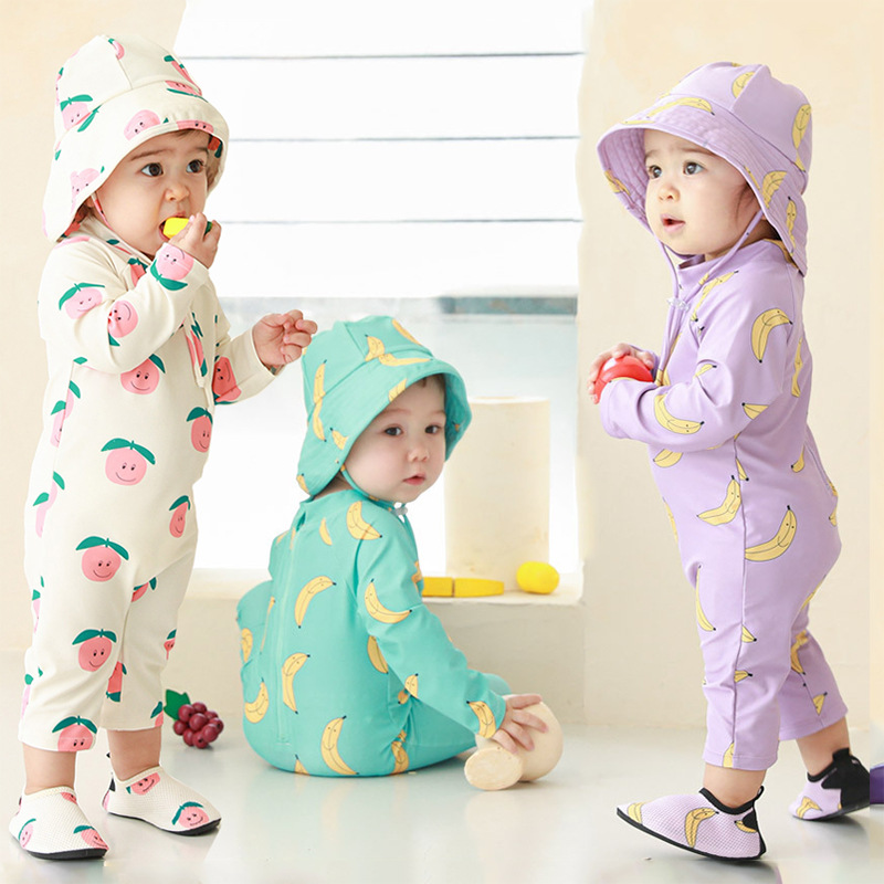 韩国新款儿童泳衣女童连体长袖防晒泳装ins男童0-7婴儿游泳衣泳帽