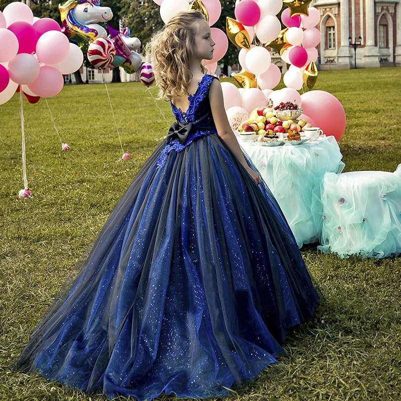 蓝色儿童礼服女童洋气拖尾公主裙模特走秀主持人钢琴演奏演出服