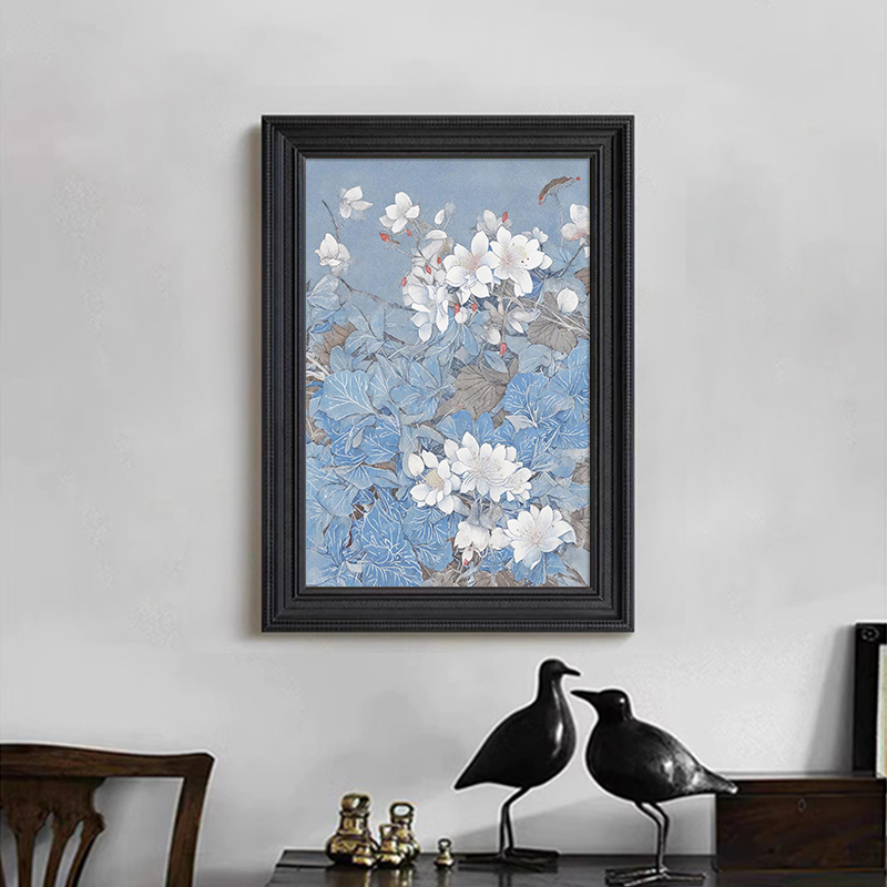 手绘油画中式复古蓝色玉兰花装饰挂画春意花卉客厅玄关柜桌面摆件