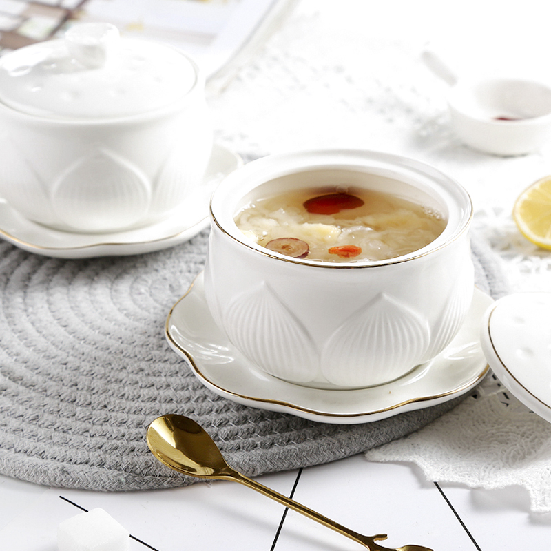 金边陶瓷莲花炖盅双耳碗带盖甜品碗蒸蛋煲汤罐家用糖水碗燕窝碗