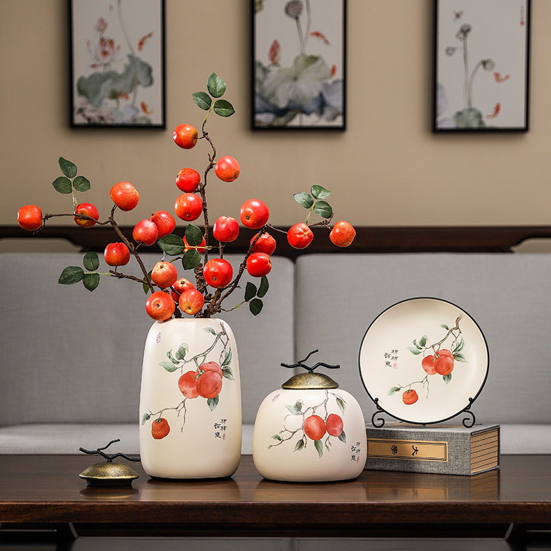 新中式玄关装饰陶瓷摆件客厅电视柜柿柿如意平安花瓶高档乔迁礼品