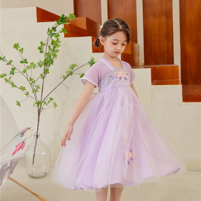 女童紫色汉服雪纺连衣裙刺绣花朵花仙子超仙商超同款纱裙唐装