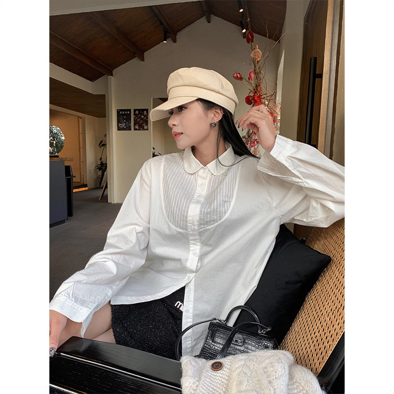 A7seven 衬衫女春秋季韩版隐条拼接设计感白色百搭直筒小宽松衬衣