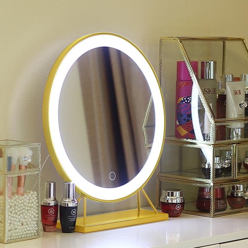 化妆镜台式led灯补光梳妆镜大号圆形网红镜子美妆镜带灯泡桌面镜