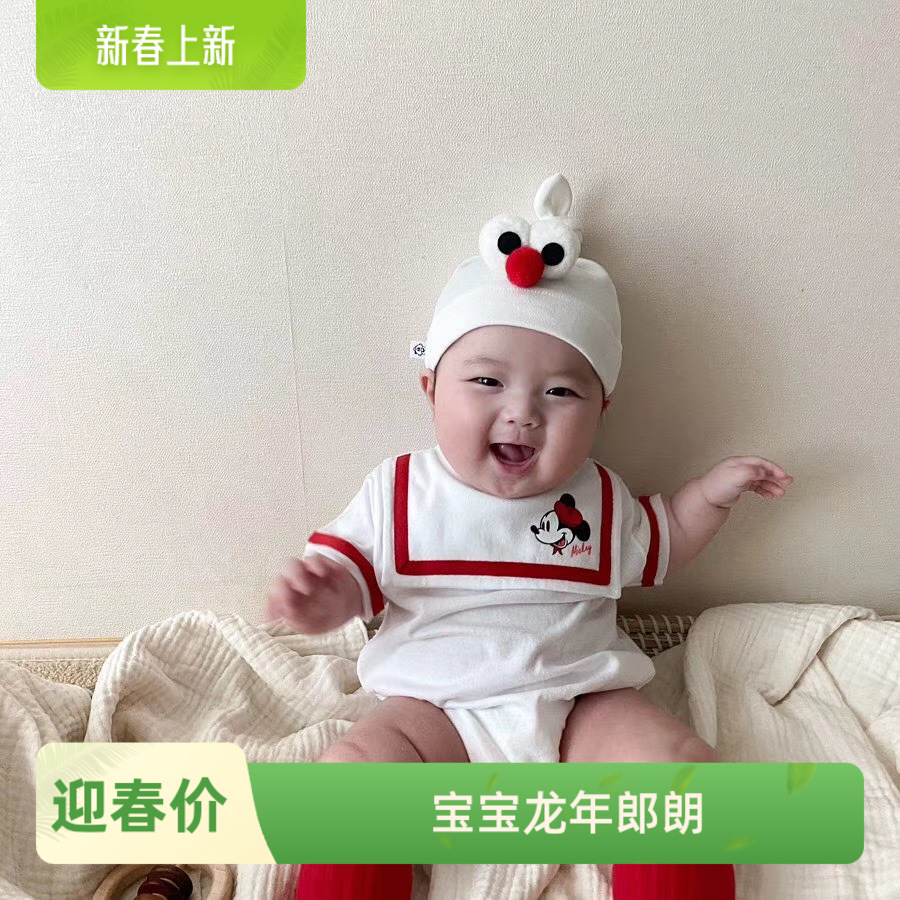 韩国ins 新款夏季男女宝宝海军风爬服婴儿连体衣米奇老鼠可爱哈衣
