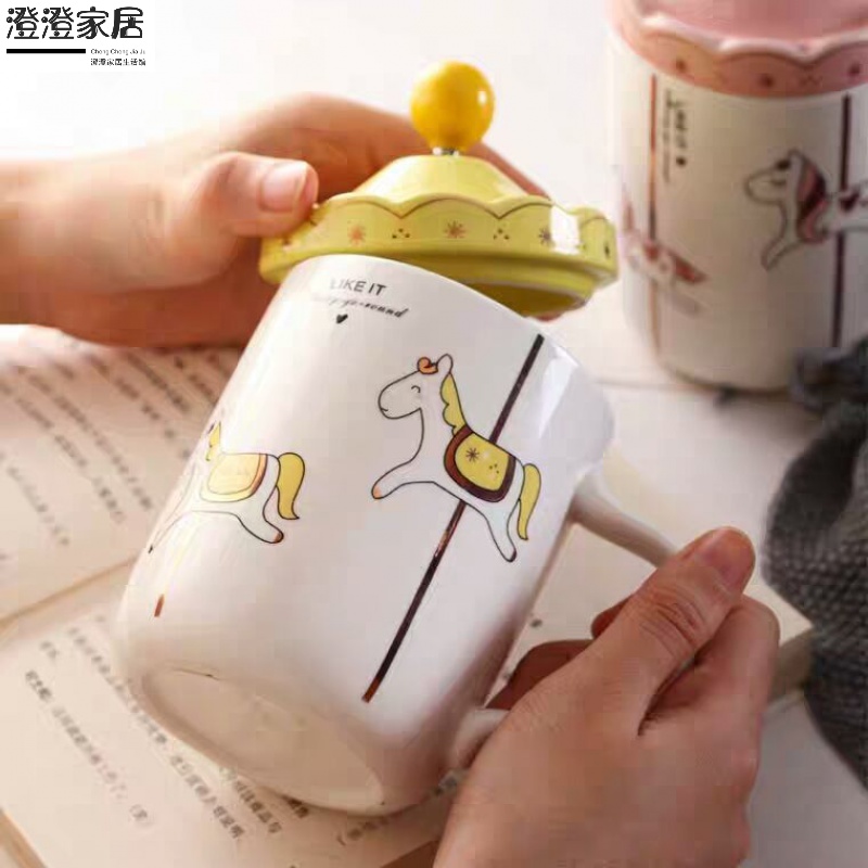 新款带盖勺马克杯陶瓷杯创意牛奶杯情侣简约小萌熊杯办公室小猪