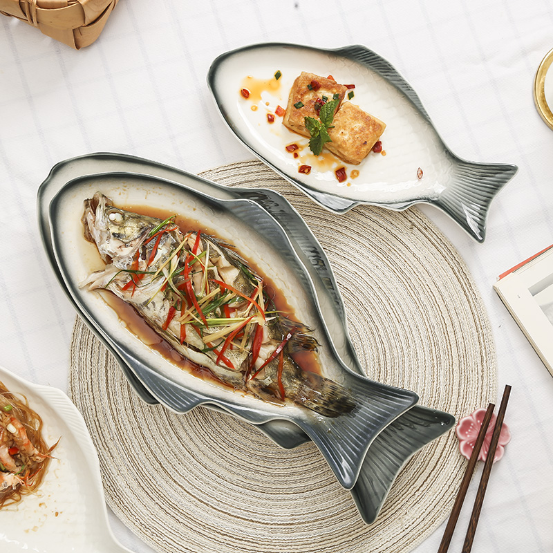 创意鱼形陶瓷盘家用装鱼盘子蒸鱼盘大号鱼盘餐厅菜盘北欧椭圆鱼盘
