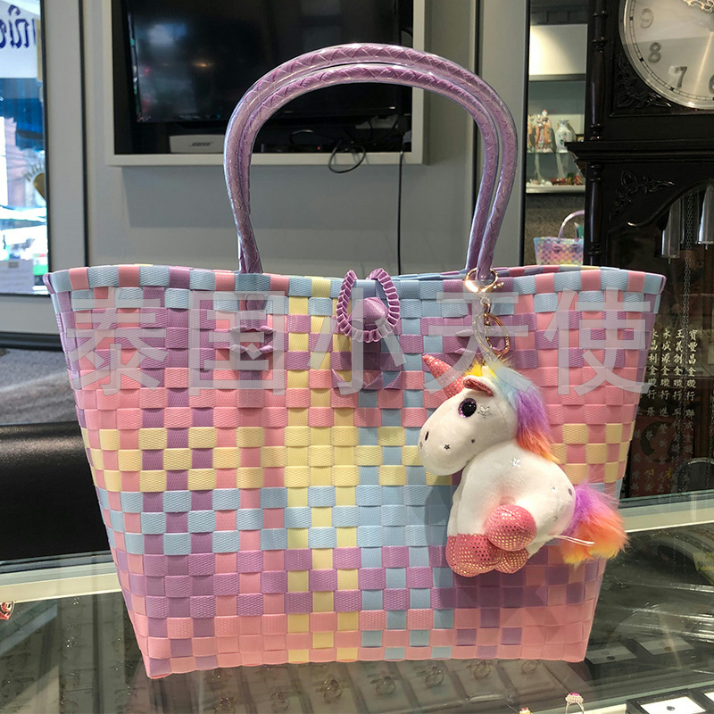 泰国代购彩色编织手提包多彩色女性托特包野餐包水桶包个性手工包