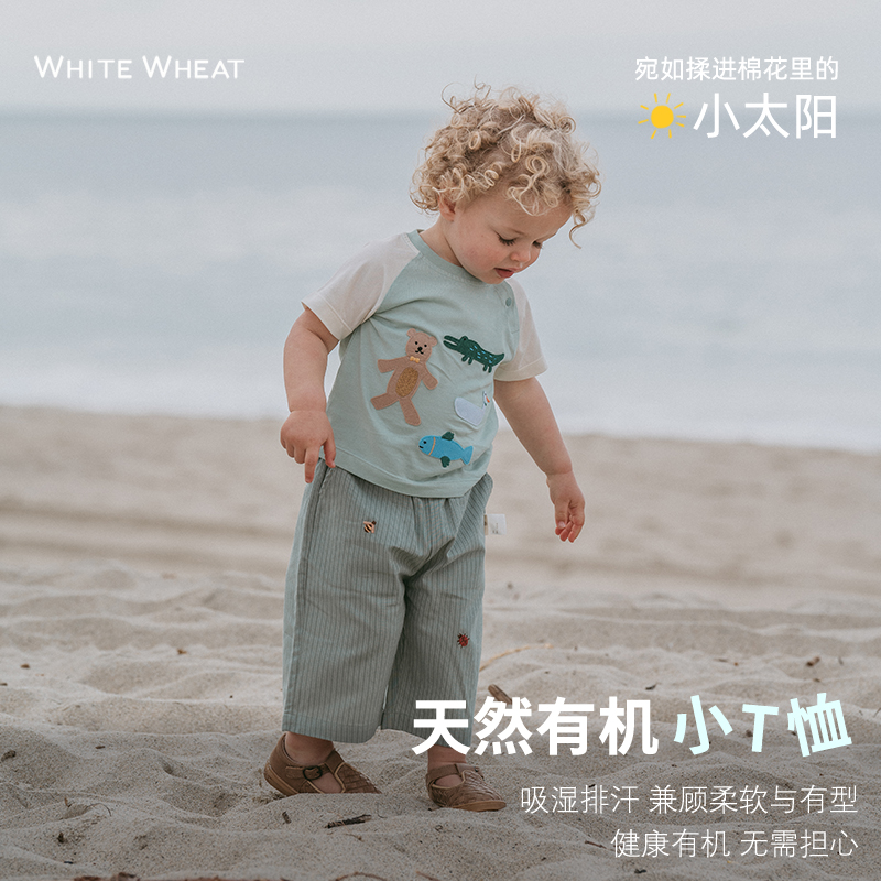 whitewheat儿童上衣女男孩2024夏季新款贴布纯棉t恤宝宝休闲短袖