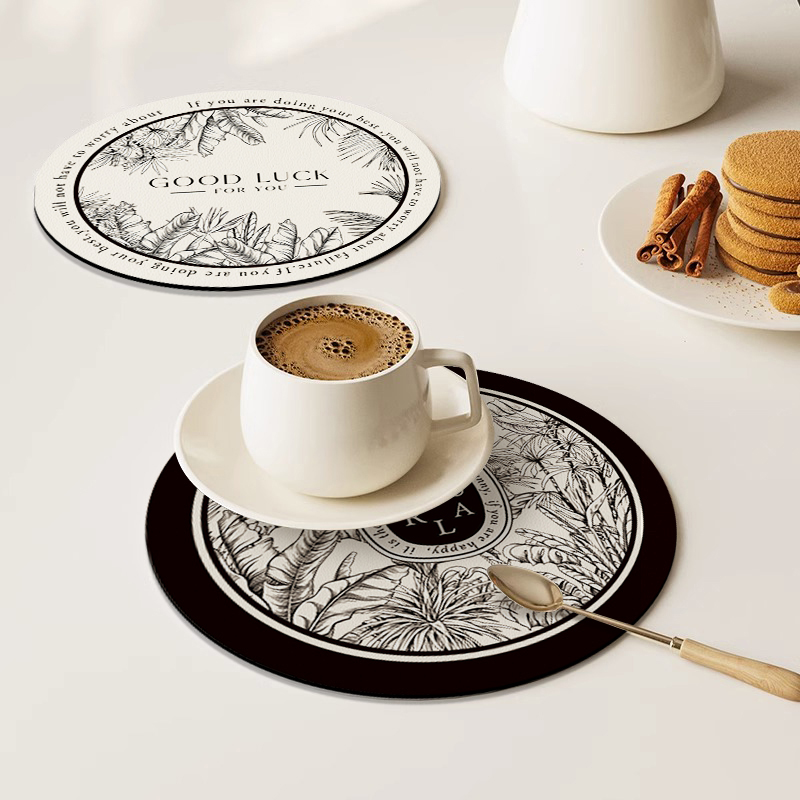 极速黑白复古皮革吸水杯垫硅藻泥隔热餐垫轻奢高级感碗盘垫咖啡垫