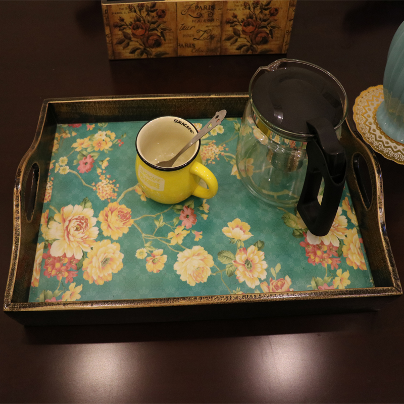 欧雅居美式托盘木质长方形杯子盘茶几创意田园风格水果盘酒店商用