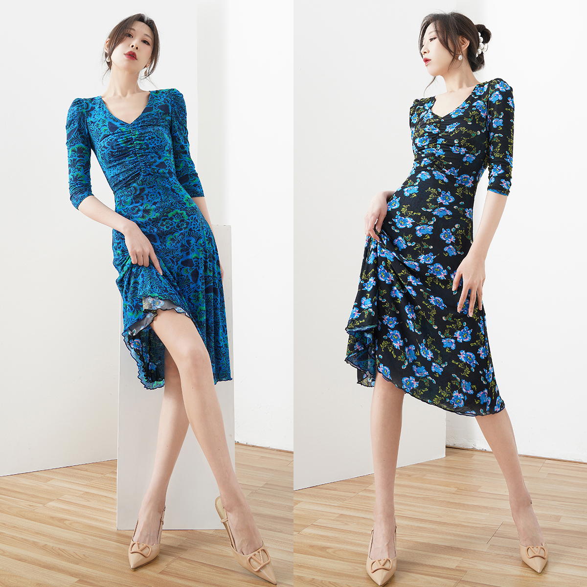 双面可穿裹身裙2023夏新款蓝粉高级感气质双面弹力网纱连衣裙
