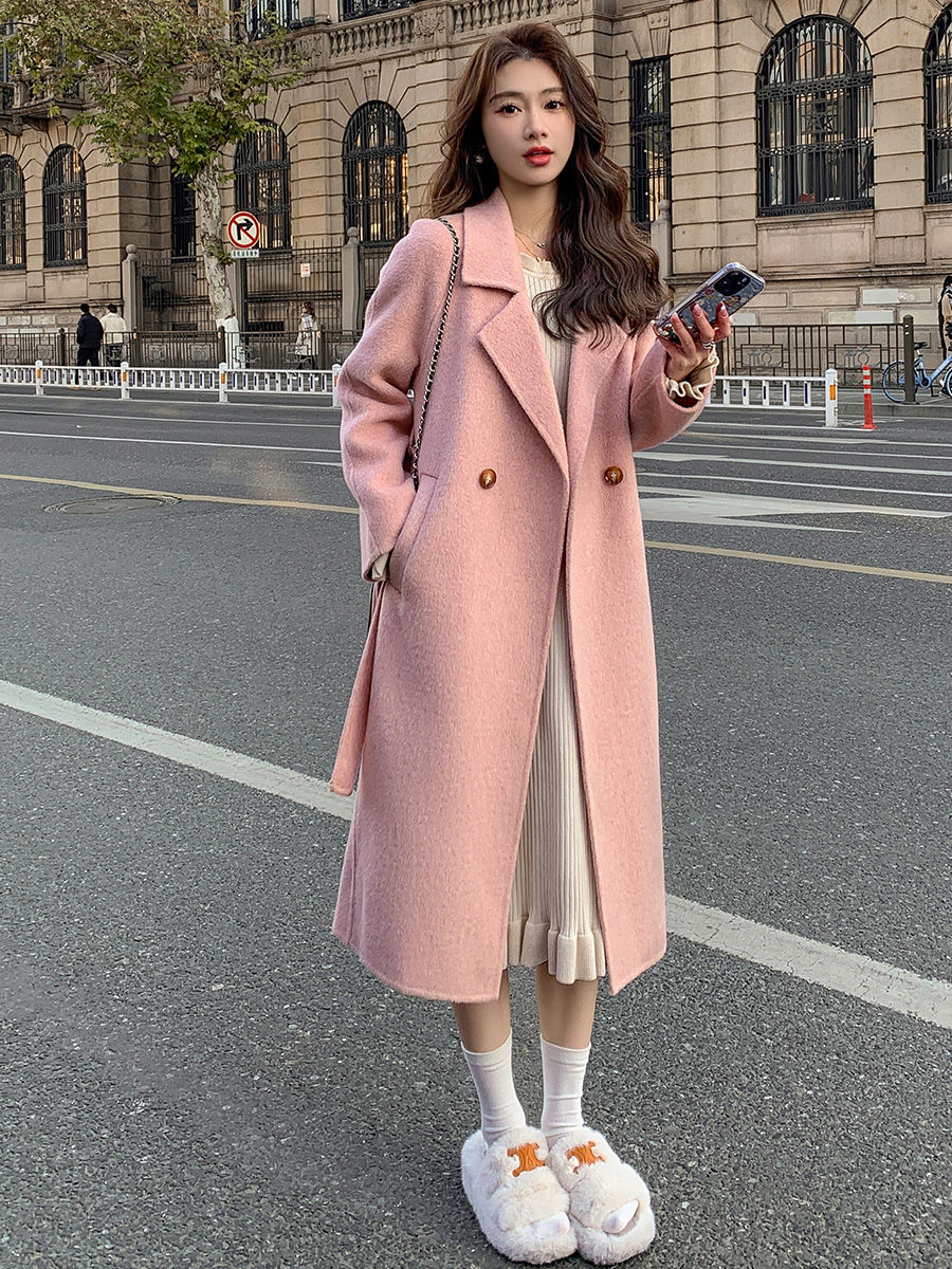 粉色双面羊绒大衣女2023年秋冬新款韩版宽松中长款系带羊毛呢外套