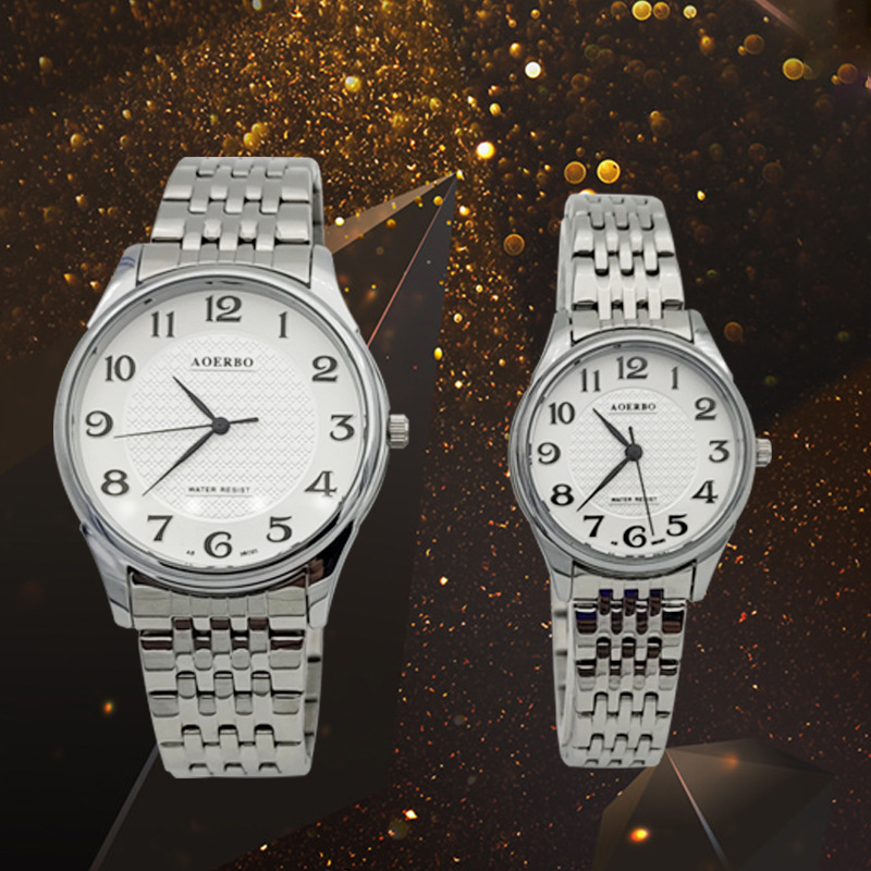 澳尔博手表防水全钢表带男女新款石英表情侣数字面商务腕表