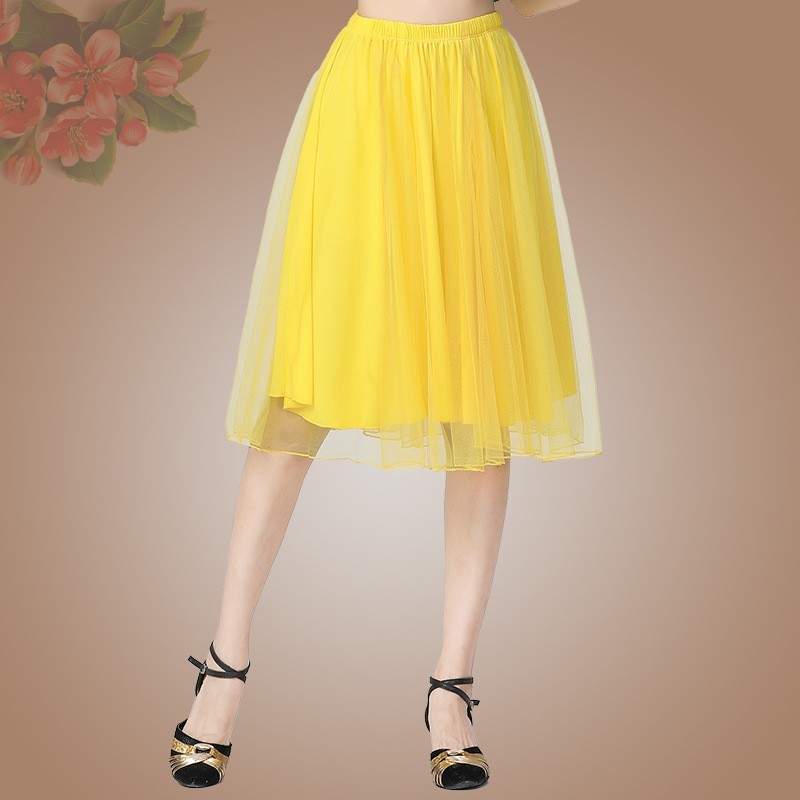 牛奶丝垂感广场舞蹈裙半身裙夏季新款网纱裙黄色飘逸跳舞比赛过膝