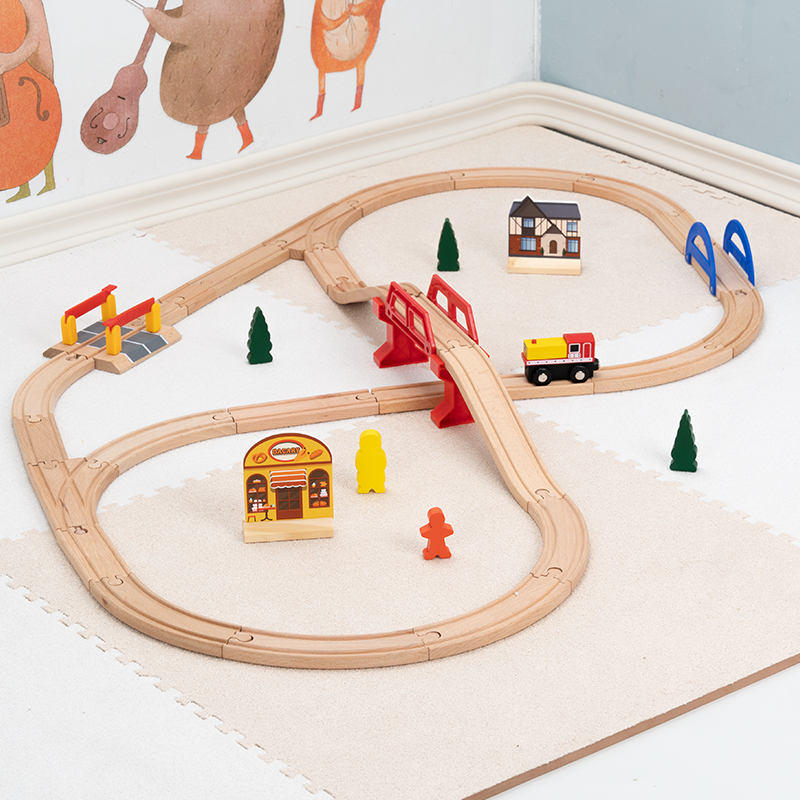 儿童木制火车轨道简易套装益智玩具勒酷小车兼容木质积木场景