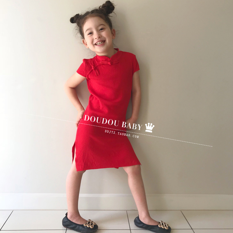 中国风儿童旗袍夏季女童冰丝复古连衣裙2023新款抓周岁短袖亲子装
