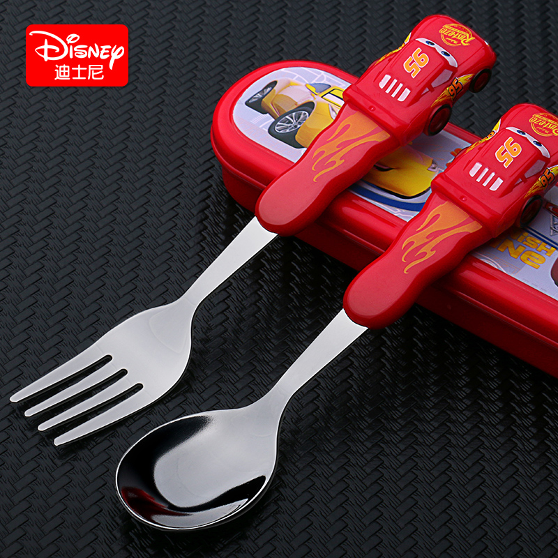 迪士尼汽车儿童勺子叉子套装3岁6不锈钢婴儿餐具训练宝宝吃饭勺叉