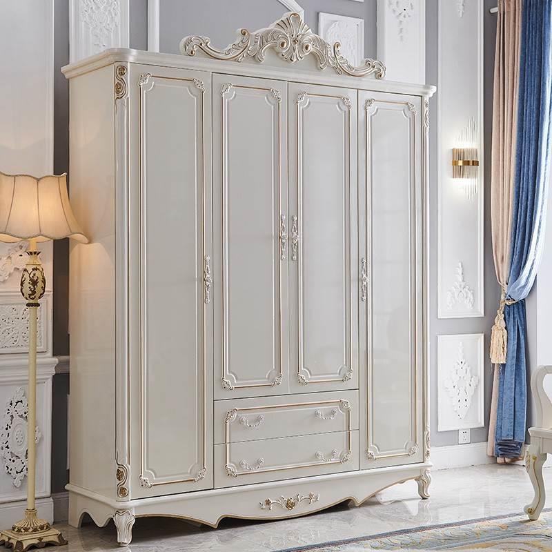 莎伦诗欧式衣柜四门卧室整体大衣柜衣橱柜子木质4门白色法式S6007