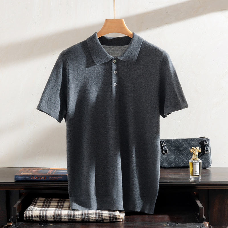 精纺羊绒衫短袖T恤男夏季新款Polo领半袖薄款宽松休闲翻领体恤衫