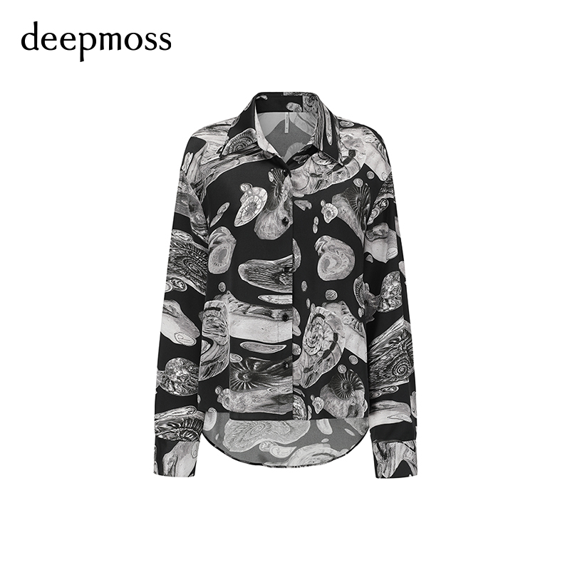 【deepmoss】春夏女装时尚复古潮流蔓延海螺化石印花长袖衬衫上衣