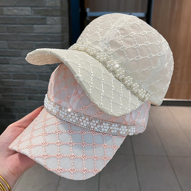 夏季女士棒球帽子时尚薄款珍珠镂空网纱鸭舌帽软顶透气遮阳帽女
