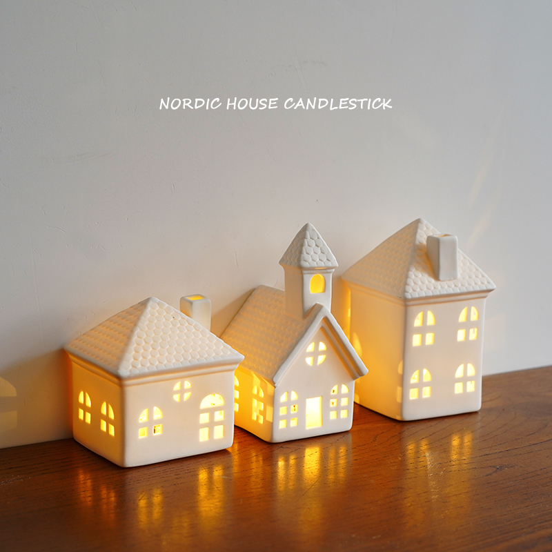 温馨的小屋 出口北欧房子造型陶瓷灯饰摆件 镂空欧式简约小屋装饰