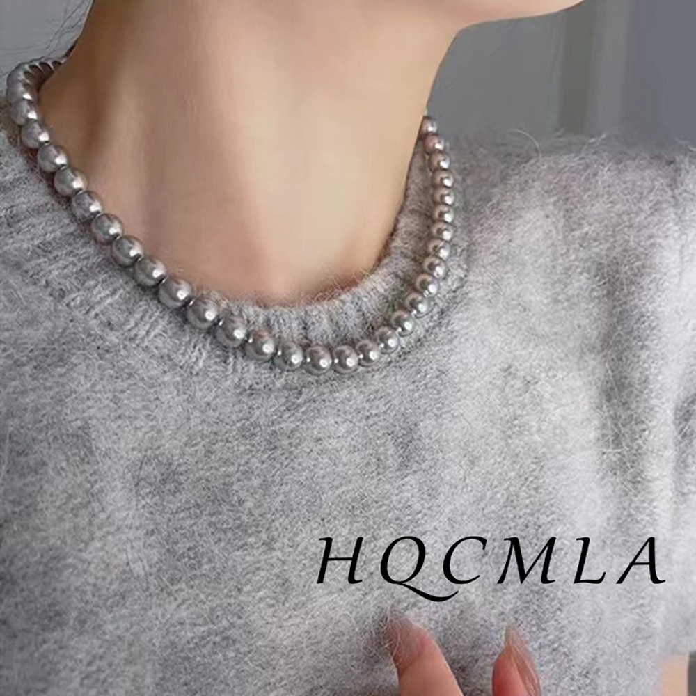 施家真多麻银灰色强光正圆珍珠项链女小众时尚气质简约优雅毛衣链