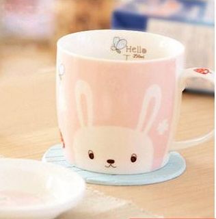 kakikaki卡通小兔陶瓷杯子带盖带刻度可爱牛奶杯儿童水杯马克杯