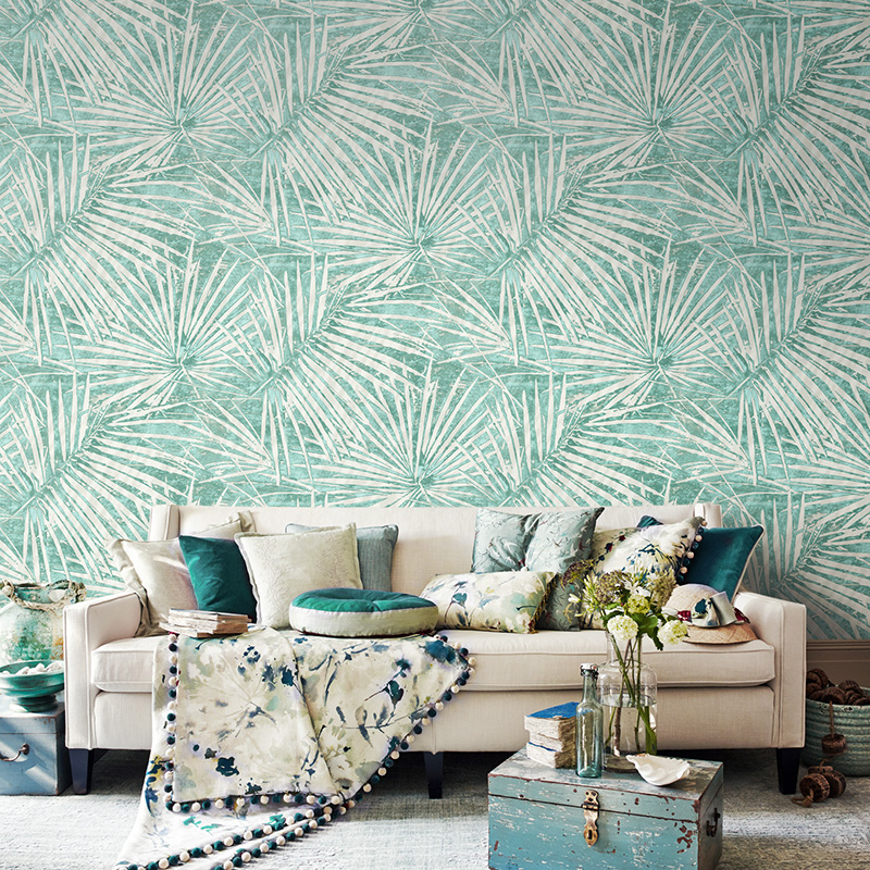 东南亚风格绿色棕榈树叶墙纸非自粘北欧卧室客厅背景壁纸热带雨林
