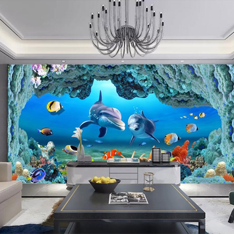 卡通海豚儿童房环保壁布蓝色海洋男孩卧室墙布主题酒店游泳馆壁画