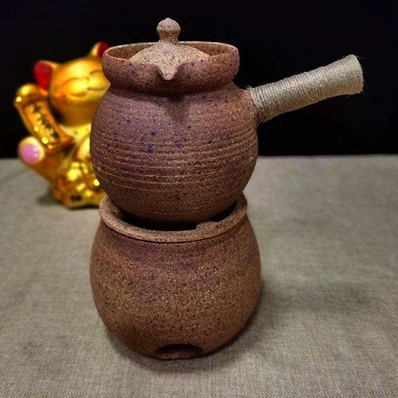 云南土陶烤茶罐炕茶器煮茶壶带盖侧把大号粗陶茶炉茶具全手工柴烧