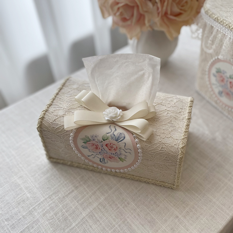 新款复古刺绣蕾丝法式美式田园韩式布艺纸巾盒高档手工珍珠抽纸盒
