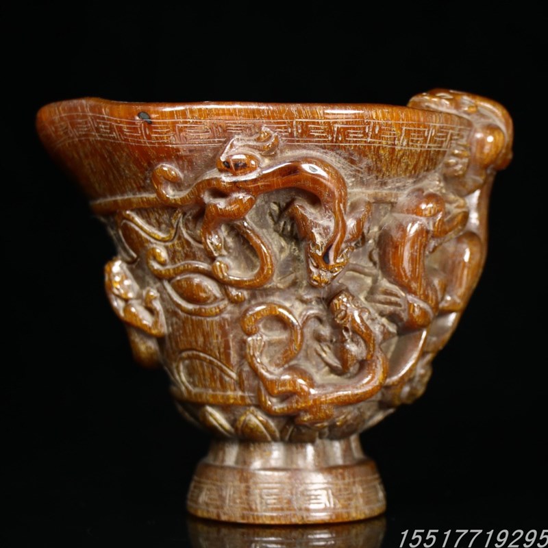 古玩古董收藏西藏耗牛角兽头螭龙牛角杯角雕尊鼎小摆件旧货老物件