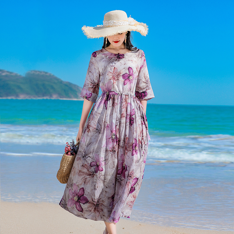 紫色系  原创苎麻女装大摆型圆领连衣裙春季新款2024年仙女蓬蓬裙
